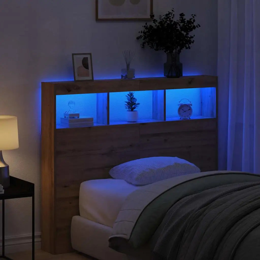 Tête de lit bois 120 cm avec niches LED, décor chêne — Milo