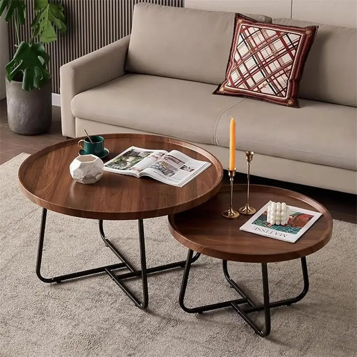 Chloé — set de 2 tables basses rondes mid-century, décor noyer