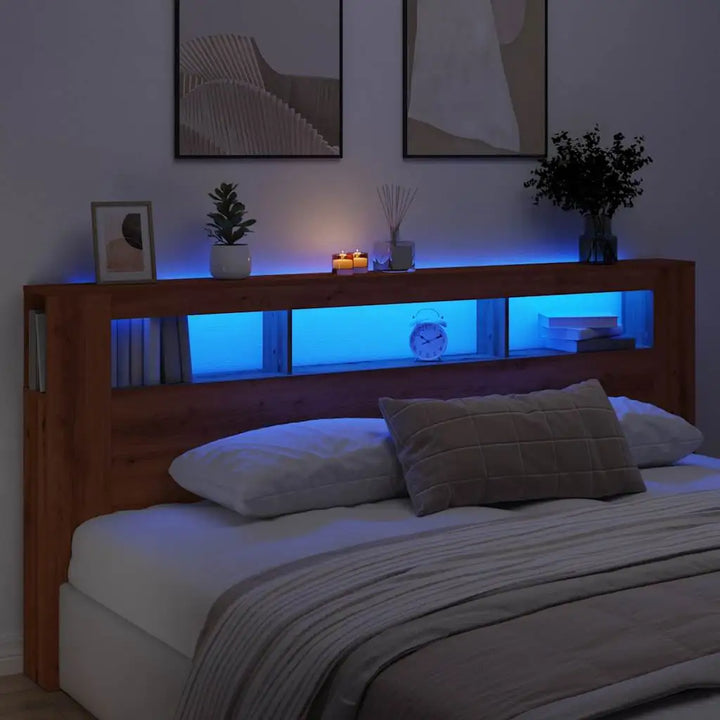 Tête de lit bois XL 220 cm avec niches LED, décor chêne — Maxence