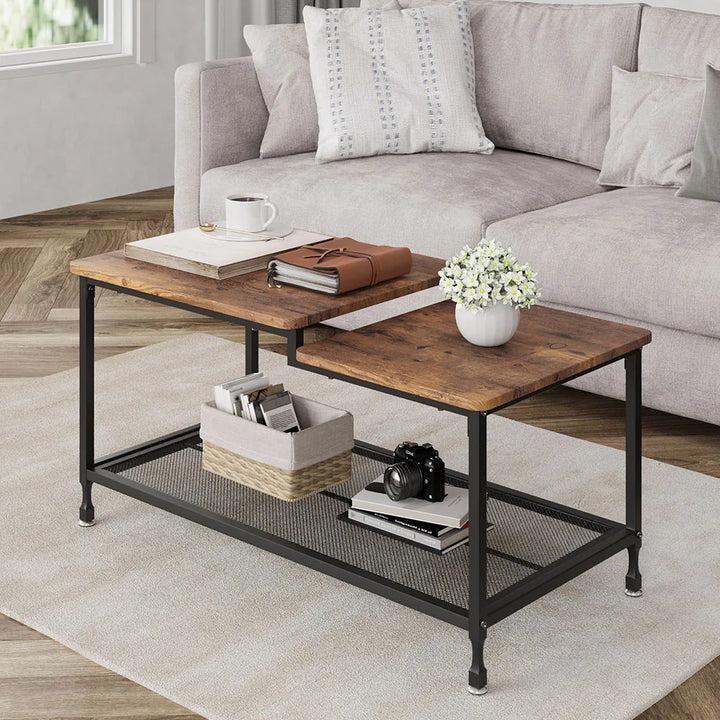 Bruno — table basse industrielle 2 niveaux en bois et métal, brun rustique