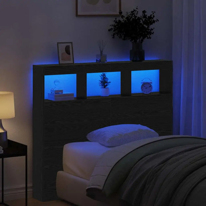 Tête de lit bois 120 cm avec niches LED, chêne noir — Rémi