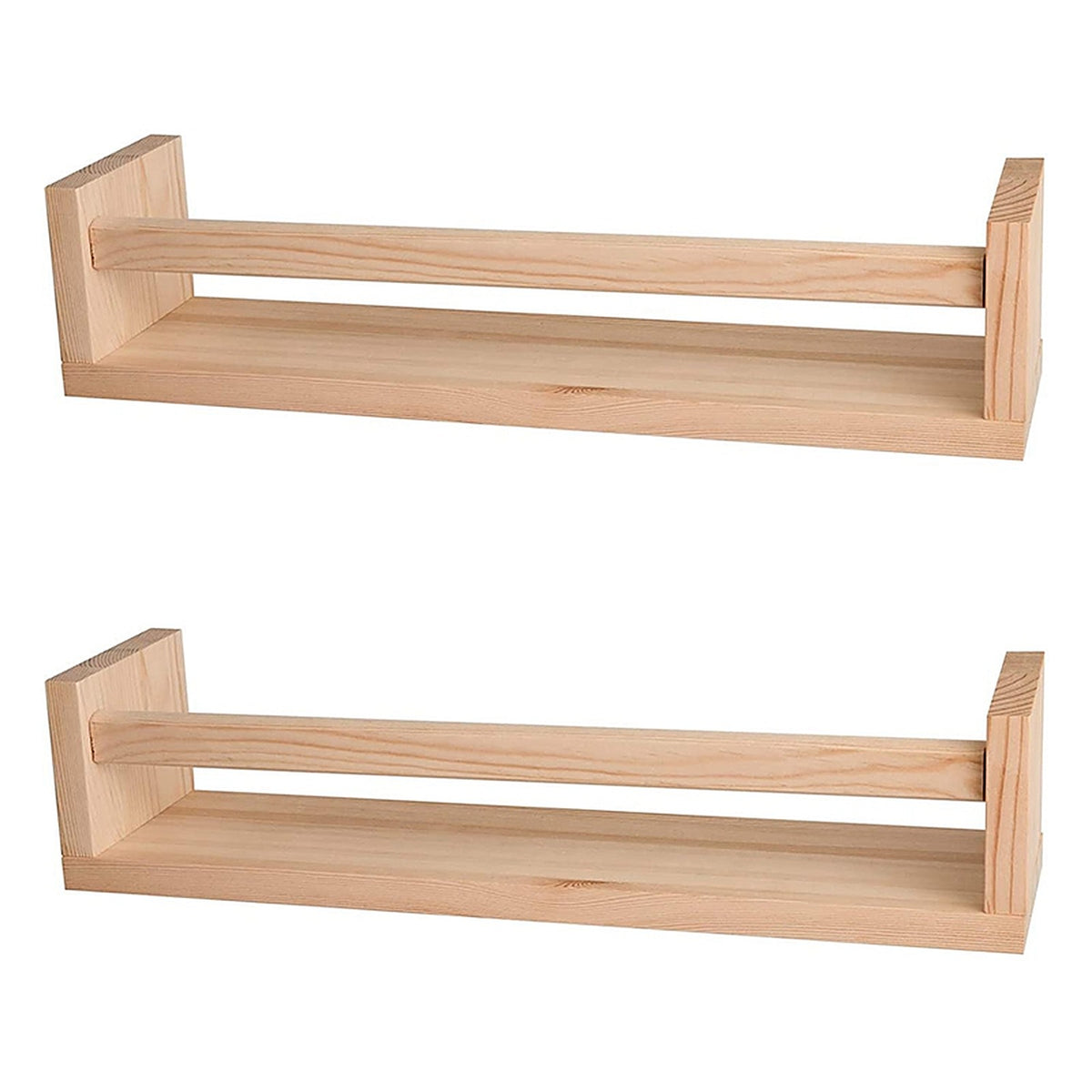 Set de 2 étagères murales enfant en bois naturel sur fond blanc