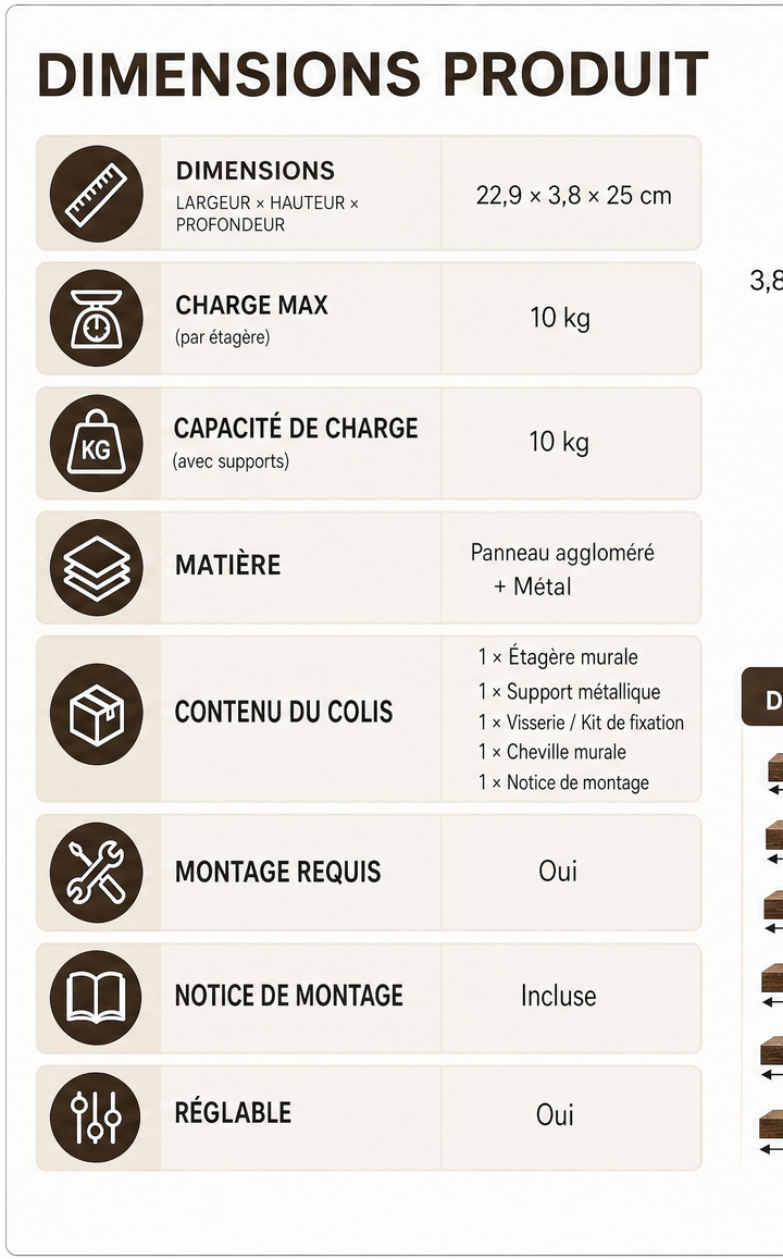 Étagère WOLTU — tableau spécifications produit