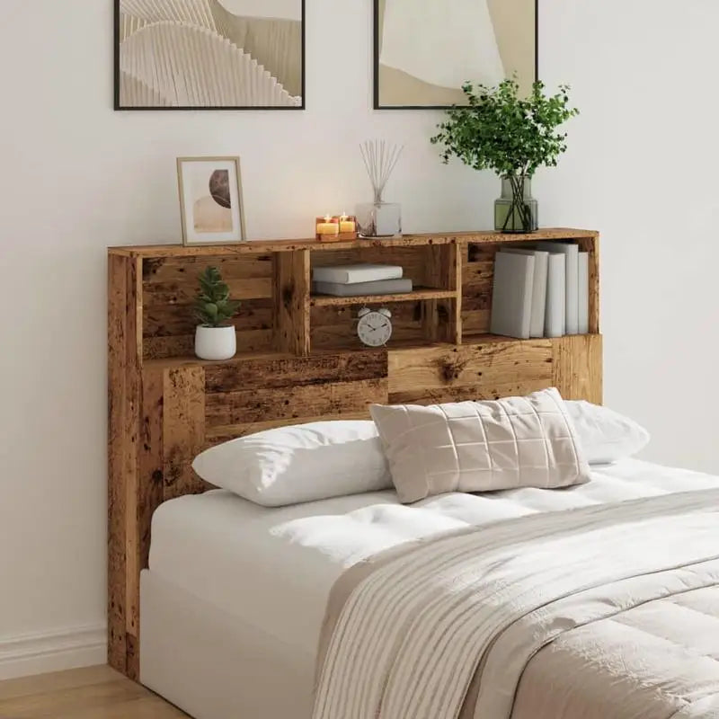 Tête de lit bois avec rangement 140 cm, aspect vieux bois — Armand