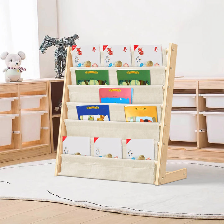 Gaspard — bibliothèque enfant 6 niveaux à pochettes en tissu