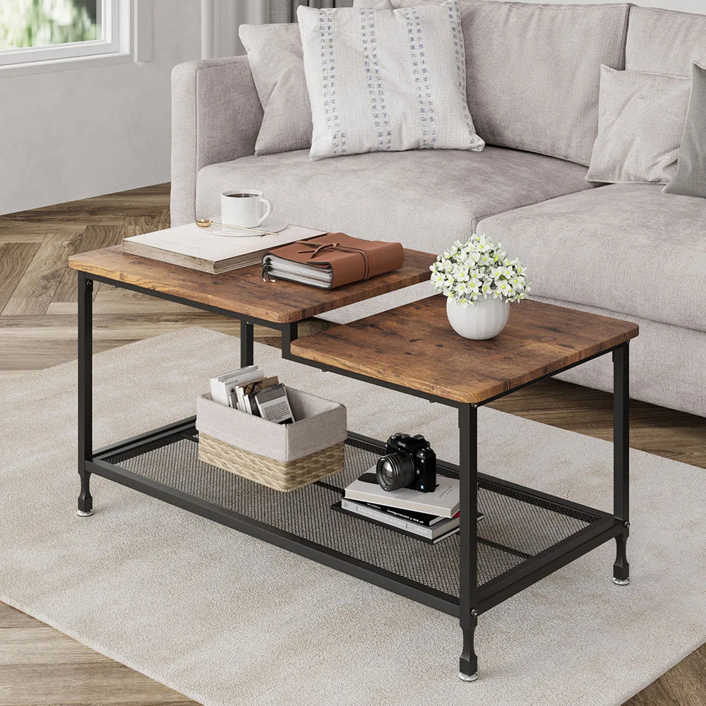 Bruno — table basse industrielle 2 niveaux en bois et métal, brun rustique