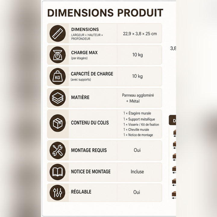 Étagère WOLTU — tableau spécifications produit